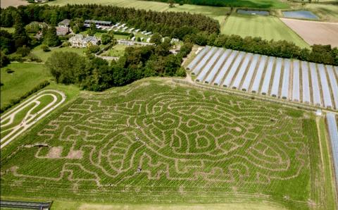 Aerial view of Cairnie Fruit Farm and Maze