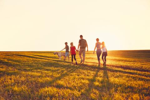 Family walking dog at sunset