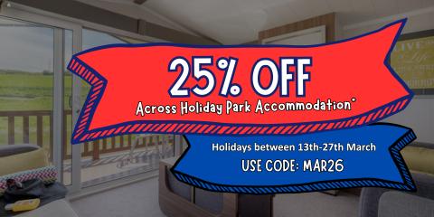 Book your stay at our holiday parks between 13th and 27th March with code MAR26 and enjoy 25% off. This offer applies to accommodation at Elie, St Andrews*, and St Monans Holiday Parks.