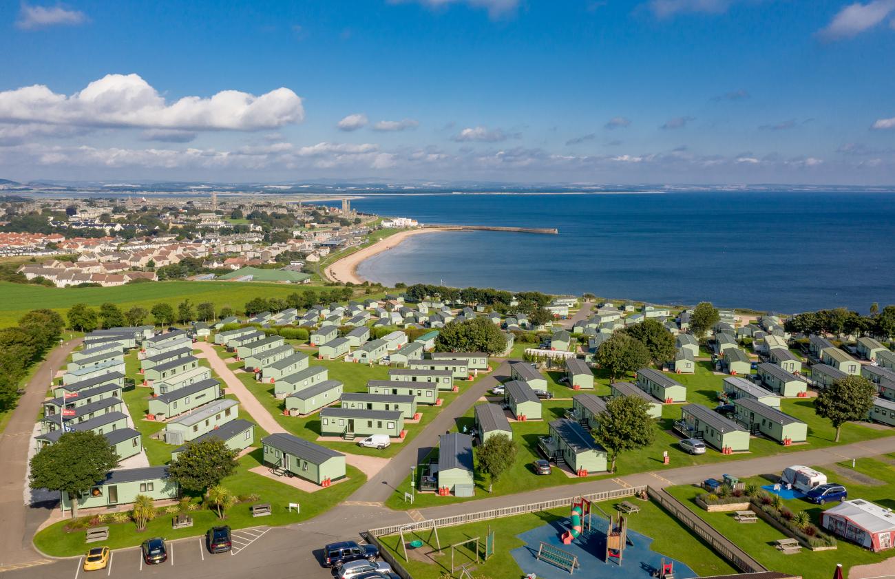 Aerial view of St Andrews Holiday Park on a sunny day