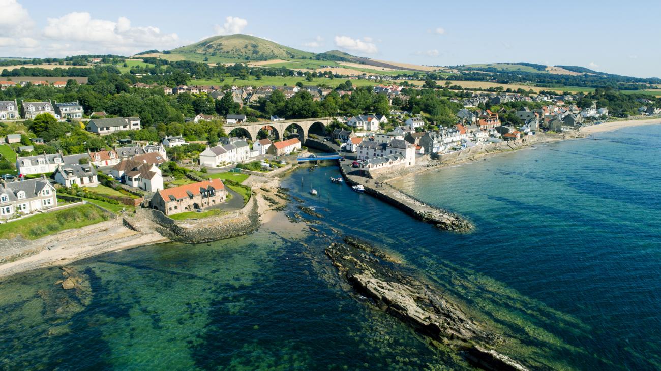 Aerial view of Lower Largo on a sunny, summer's day