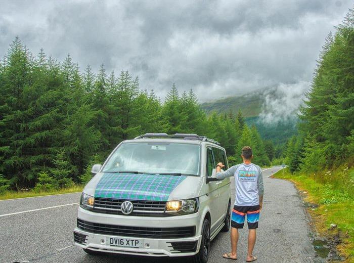 Scottish Surfer, Scott Mitchell with his tartan van